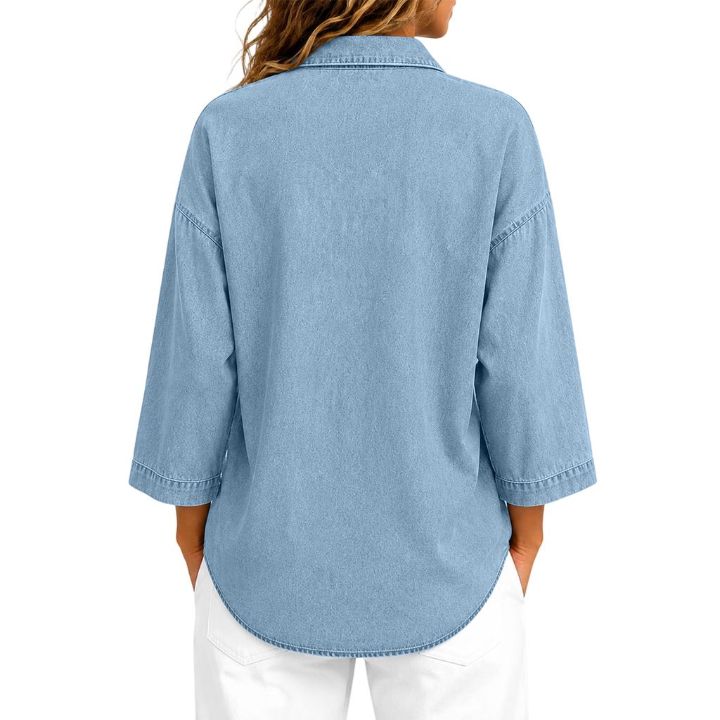 Top in Denim da Donna con Vestibilità Larga, Bottoni e Maniche a Tre Quarti per un Look Casual Quotidiano