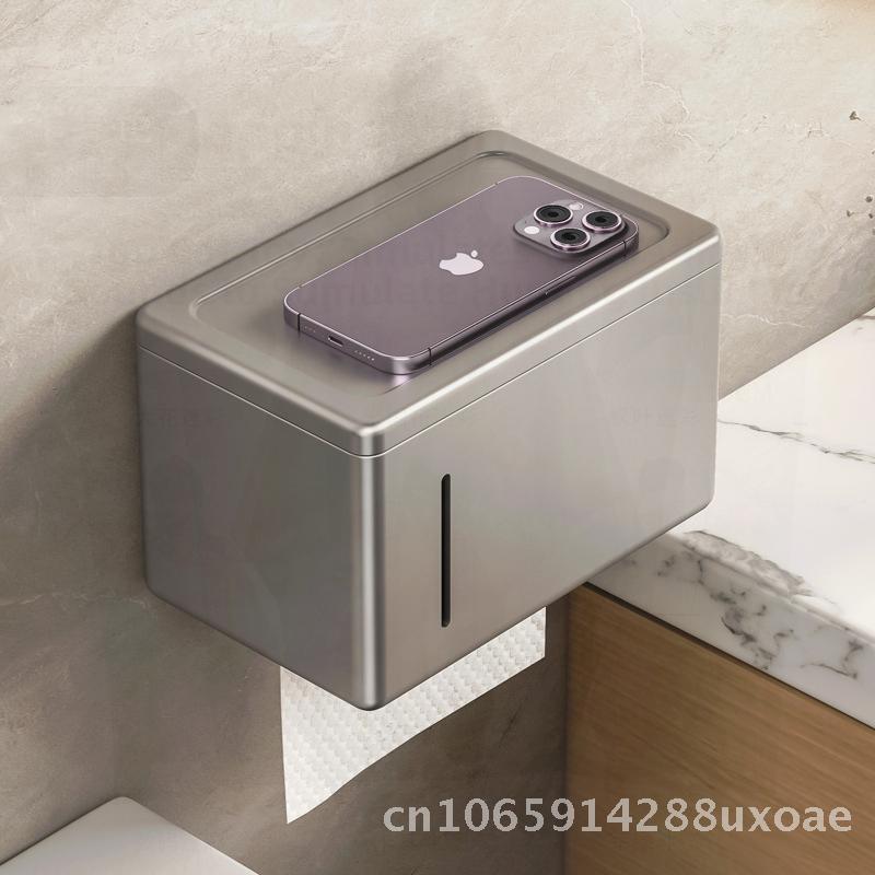 Waterproof Toilet Tissue Box Modern Minimalist Space Aluminum Bathroom Hand Paper Box Roll Paper Compatible Punch-Free Design