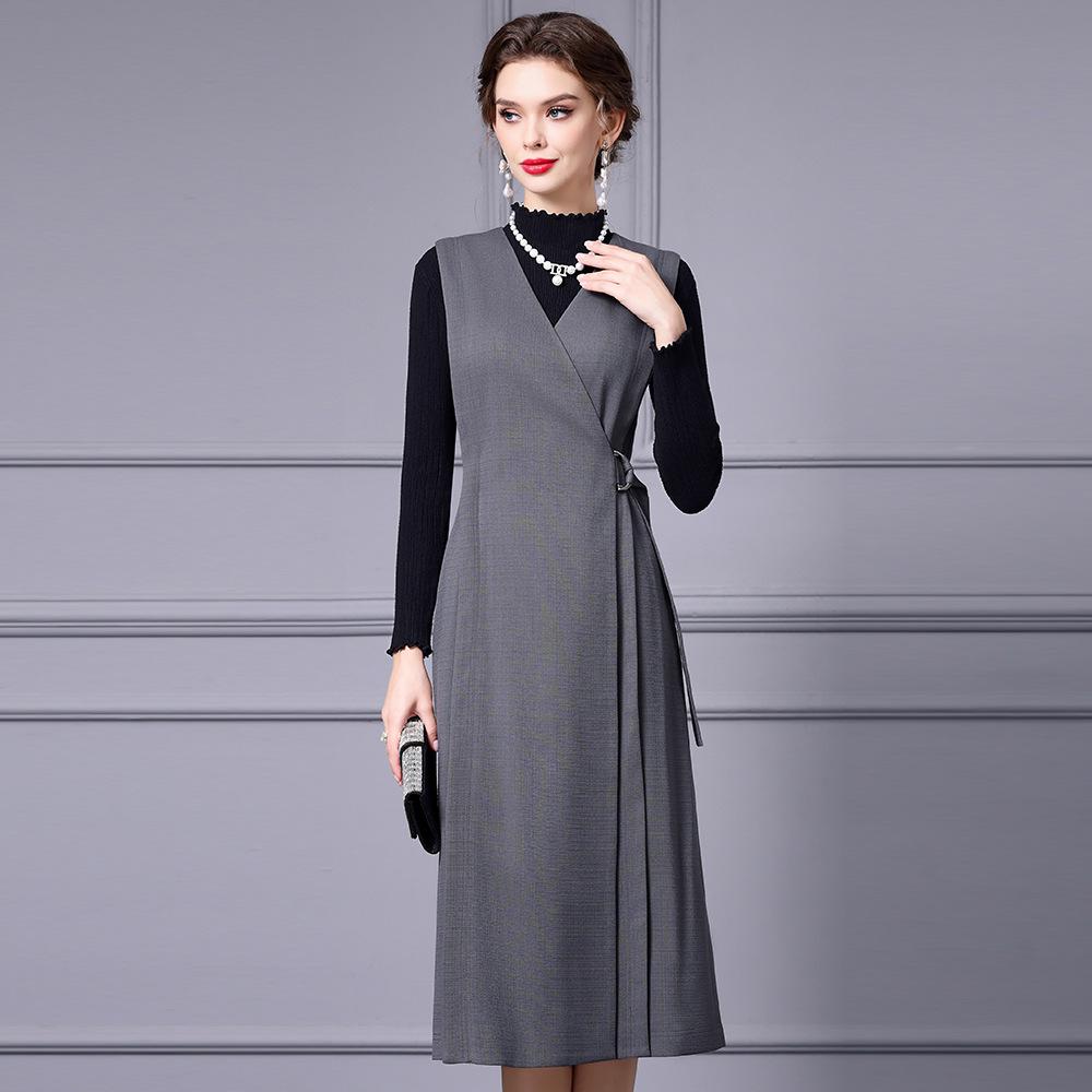 Zhili 2025 V-Neck Gray Slim Fit Midi Vest Dress - Simple, Elegant Spring Style