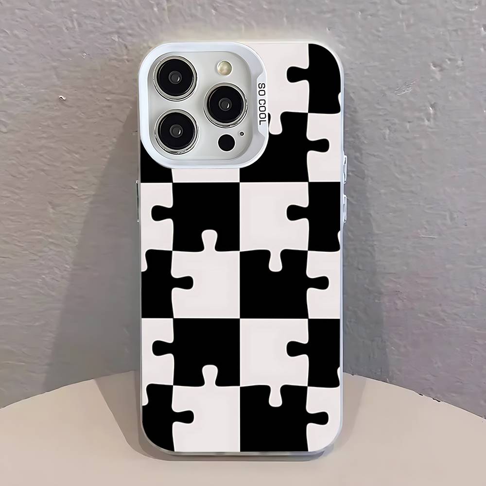 Black white Checkered  Phone Case For iPhone 17,16,13,12,11,15,14,Pro,Max,Plus,SE4,Air,Mini White IMD Matte