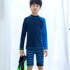 Boys' Blue Quick-Dry Korean Style Long-Sleeve Sun Protection Swimwear Set with Cap, Plus Size
