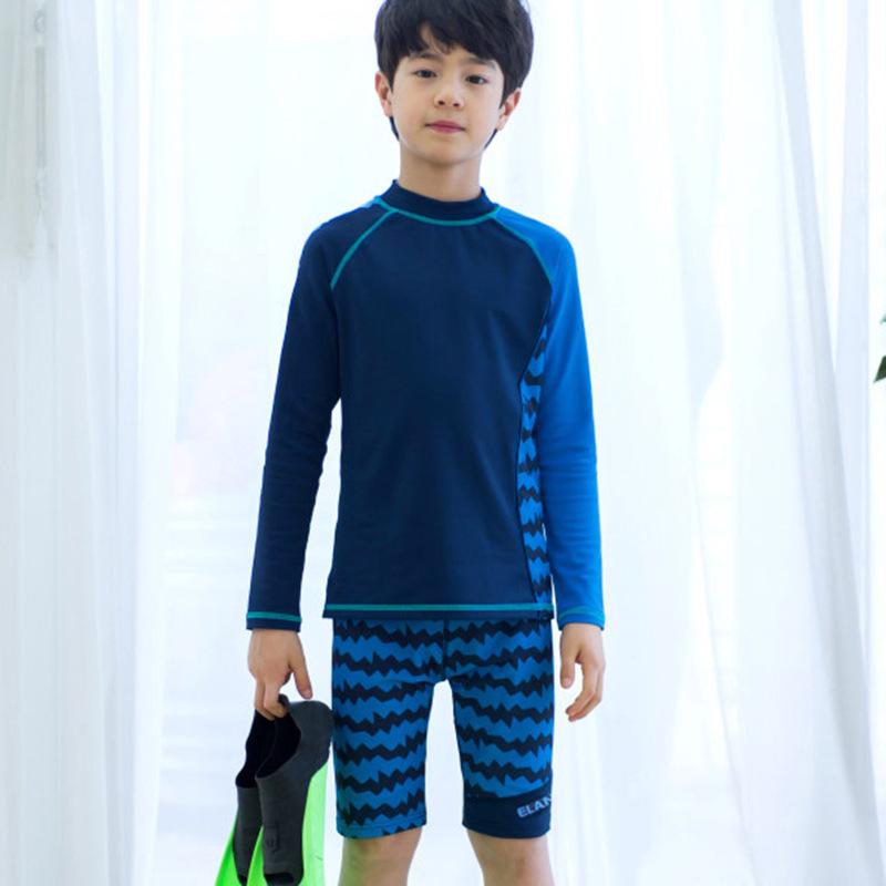Boys' Blue Quick-Dry Korean Style Long-Sleeve Sun Protection Swimwear Set with Cap, Plus Size
