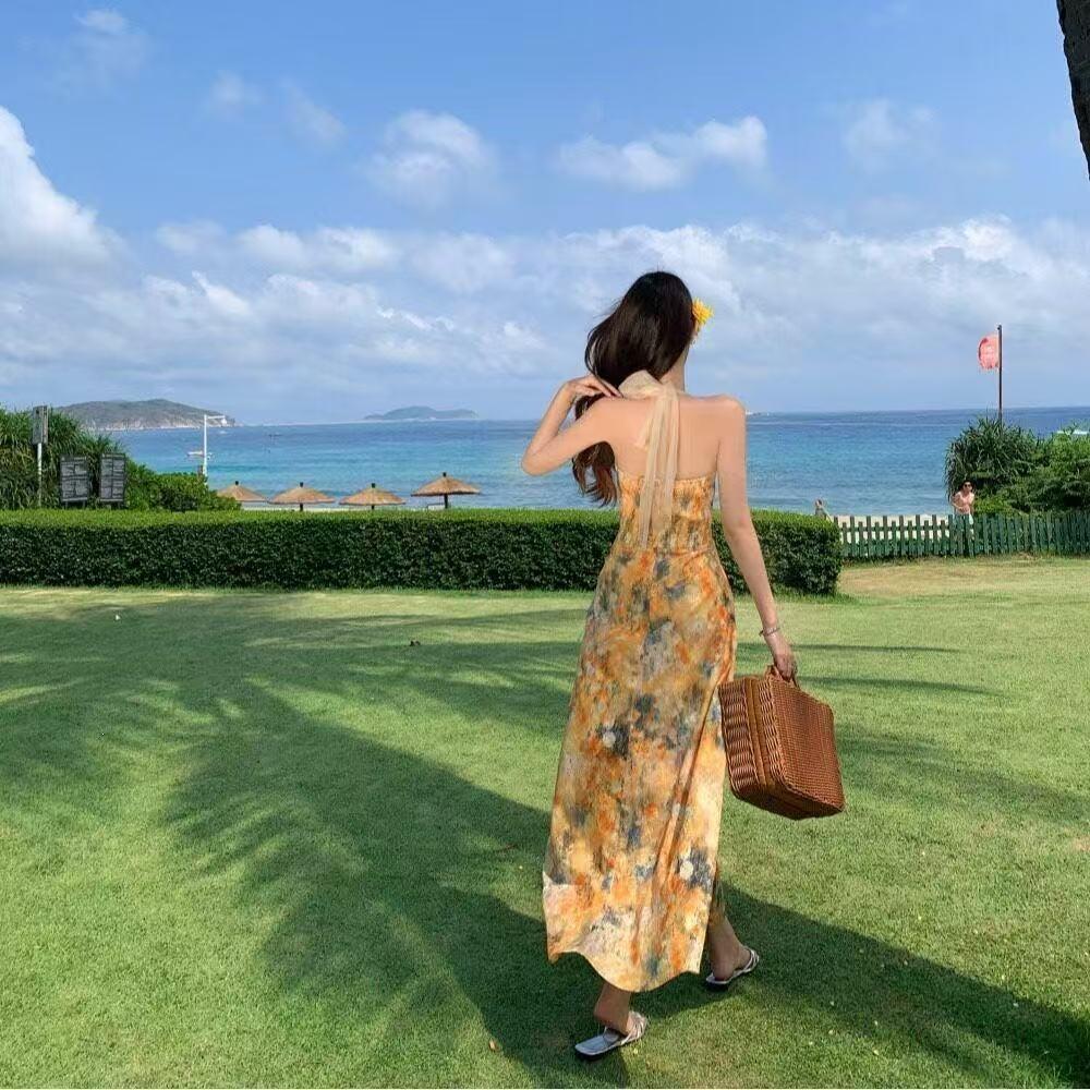 French Yellow Floral Halter-neck Dress for Women, Summer 2026 New Stunning Seaside Vacation Mesh Long Dress