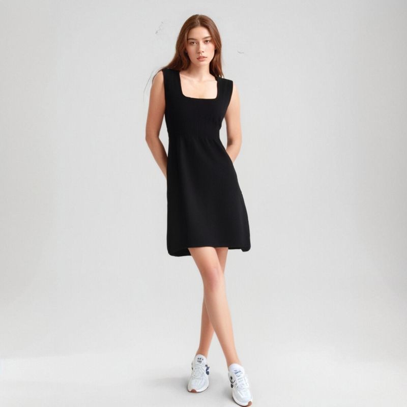 

French Simplicity Sexy Square-Neck Low Cut Sleeveless Knitting Vest Dress Women s Clothing Drawstring Slim-Fit Sheath A- line Skirt Black All yards