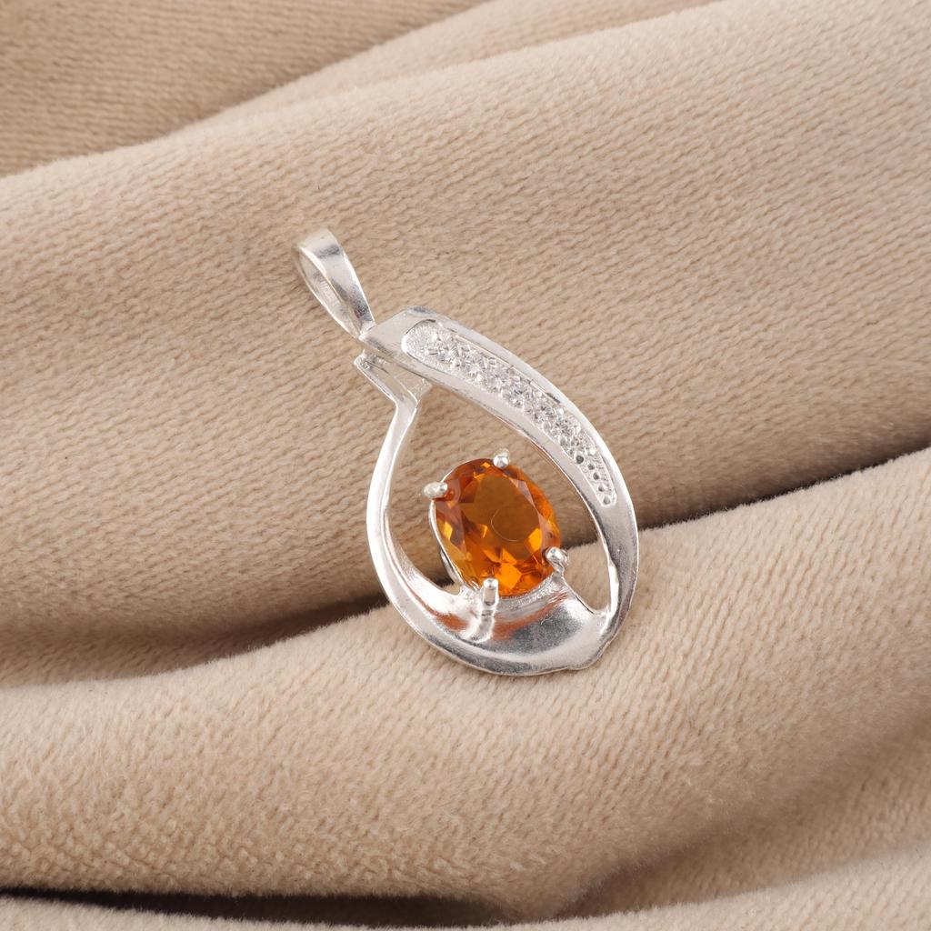 Citrine Gemstone 925 Sterling Silver Women Jewelry Designer Zircon Pendant 1.4" Valentine's Gift For Her CZP-16-6