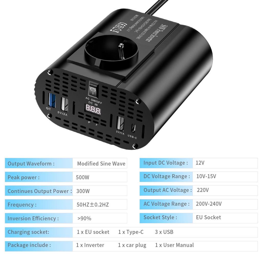European Standard Modified Sine Wave Inverter 300/500W, Car Power Converter 12V to 220V