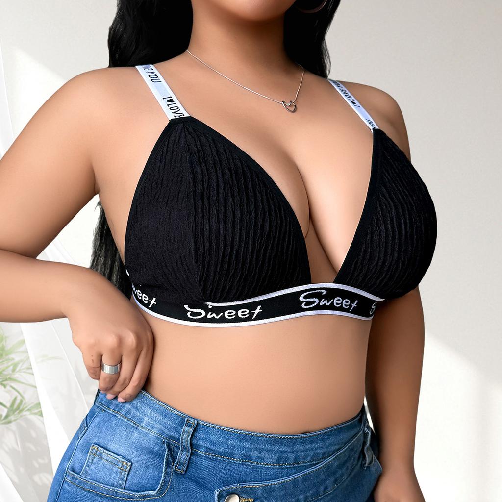 Plus Size Letter Print Ribbed Wireless Bralette
