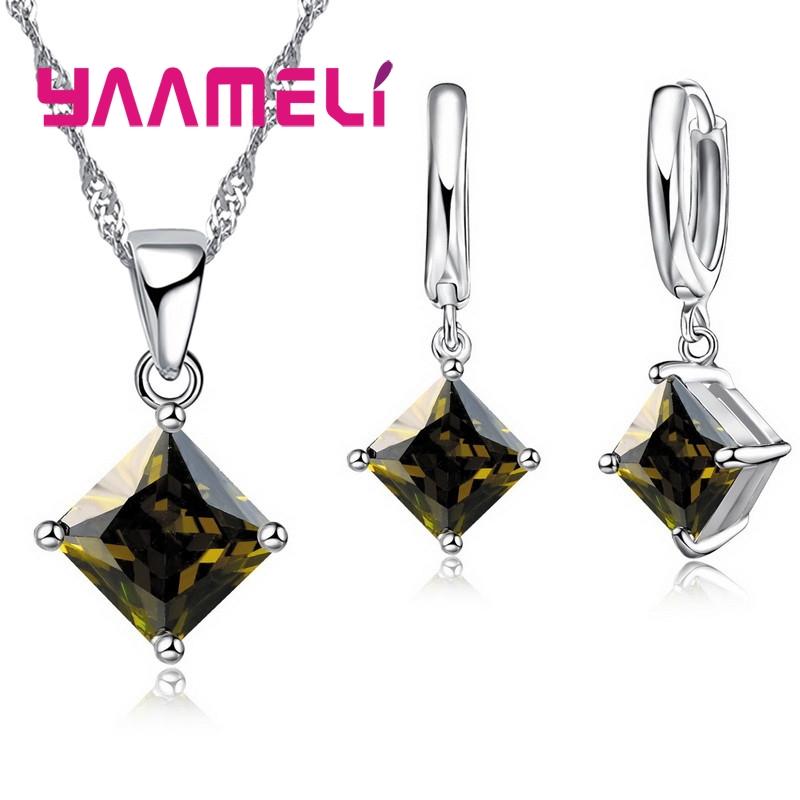 New Fashion Women Pendants Necklace Simple Geometry Square Earrings Crystal 925 Silver Color Jewelry Sets for Wedding