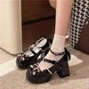 2026 Women High Heels Shoes Woman Chunky Sandals Summer PU Leather Shoes Retro Bow Party Platform Pumps