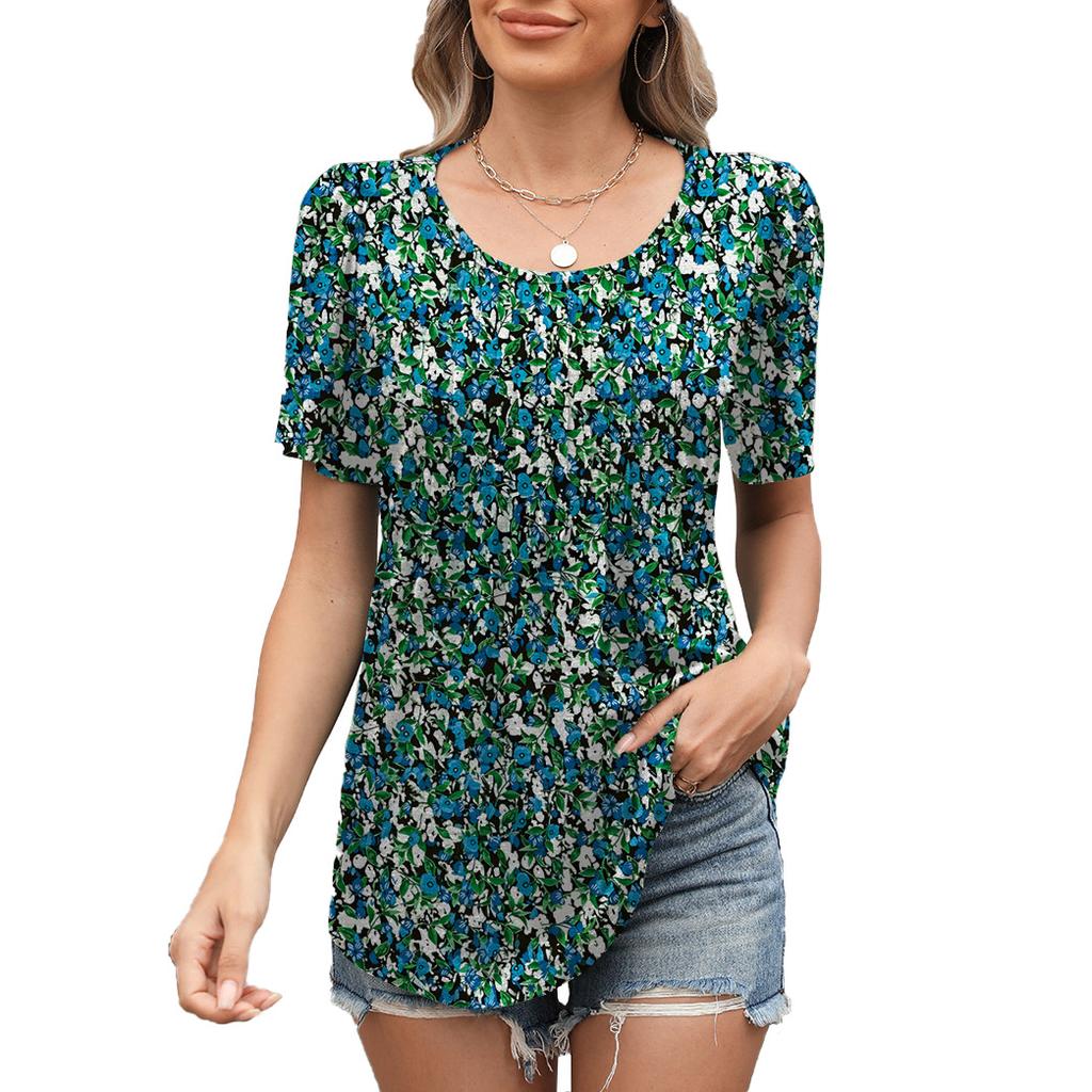 Women's Round Neck Short Sleeve Pleated Loose Fit Leaf Floral Print T Shirt Casual Daily Tunic Top