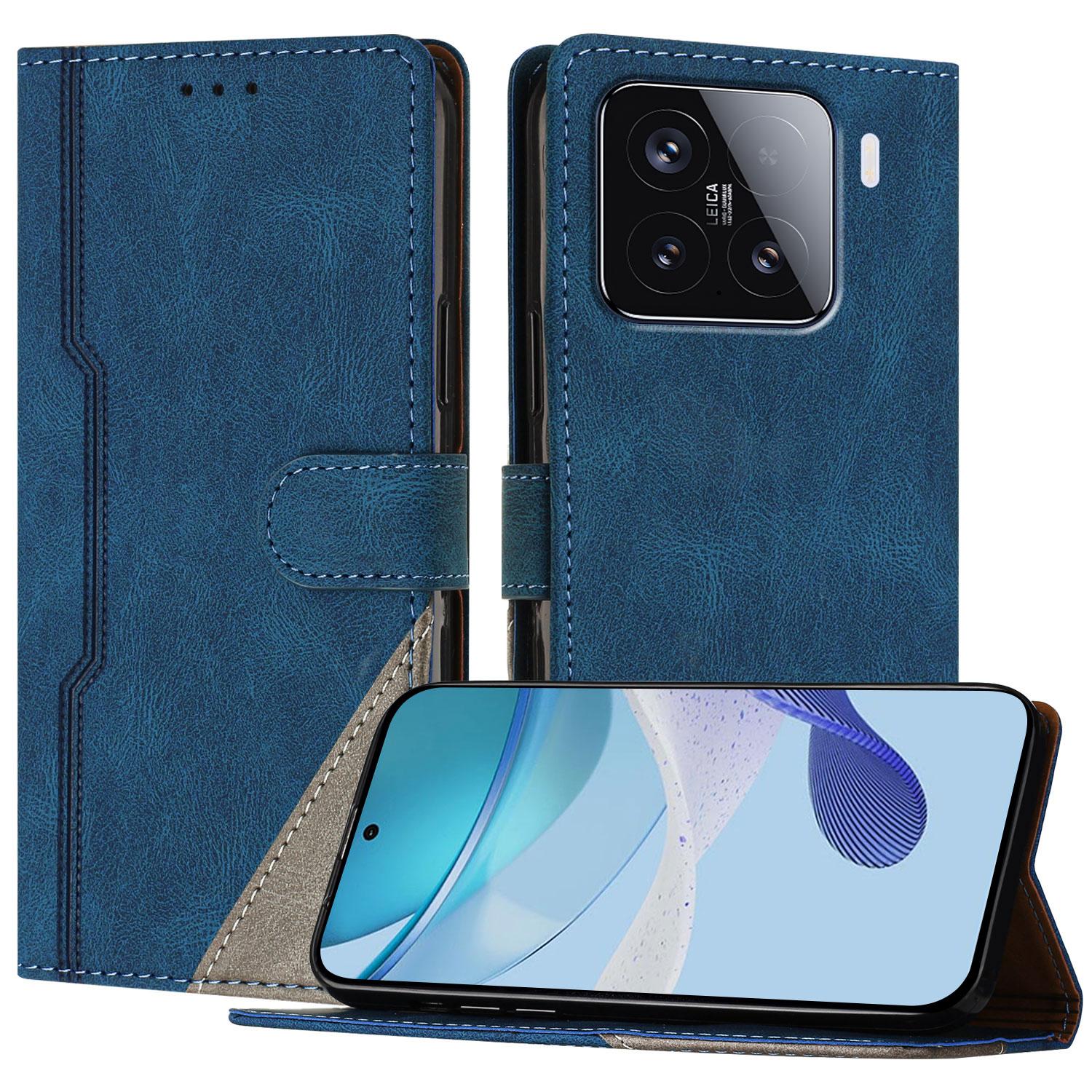 

For Xiaomi 15 Leather Case Triangle Patchwork Wallet Stand Shockproof Phone Cover Blue