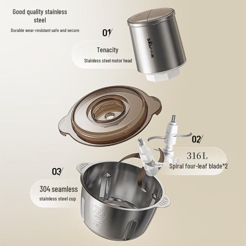Bear 2L 316 Stainless Steel Electric Meat Grinder CN plug (adapter included)