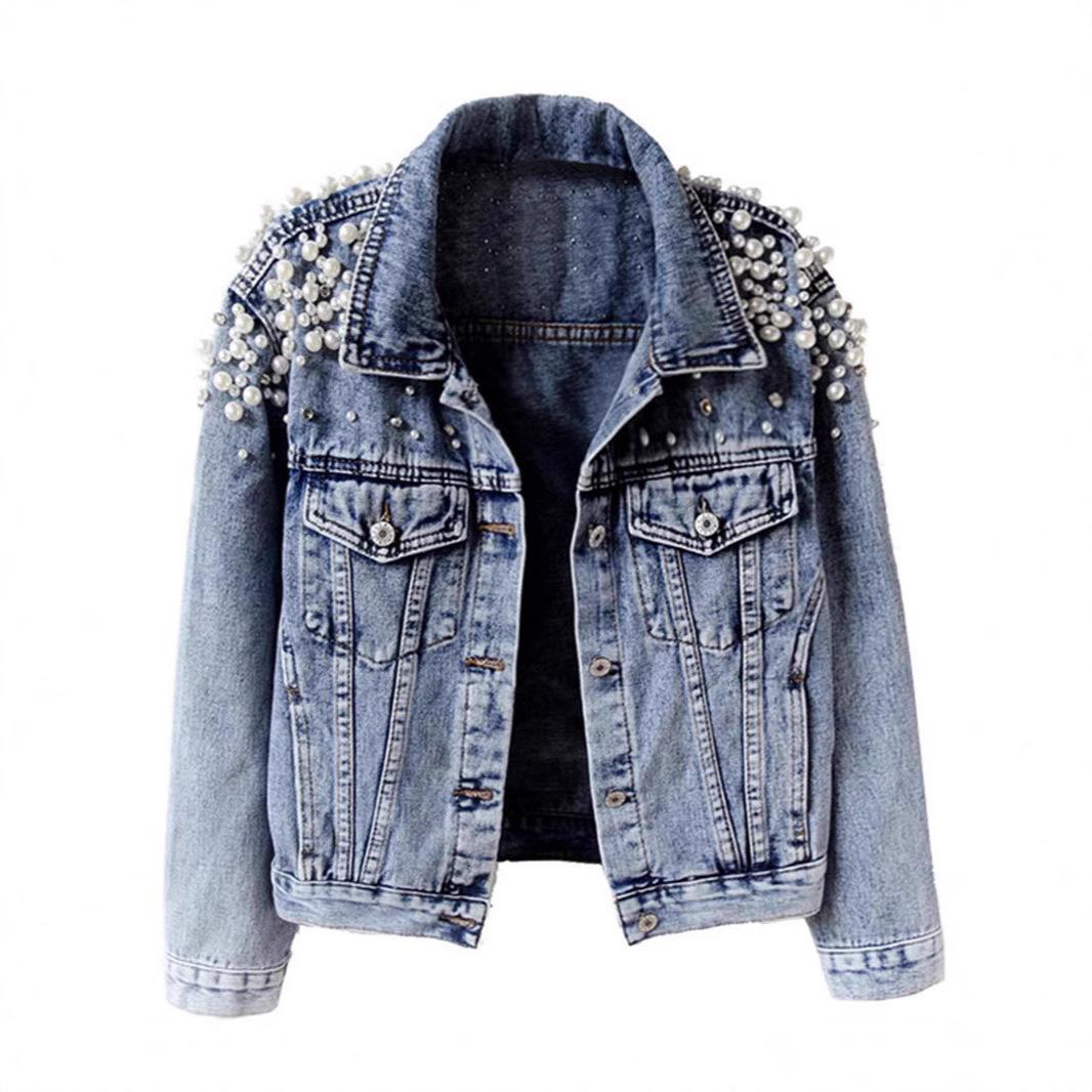 TEMU Women s Korean Style Denim Jacket with Rivets & Pearls - Loose Fit Spring/Autumn Outerwear Triple Extra Large