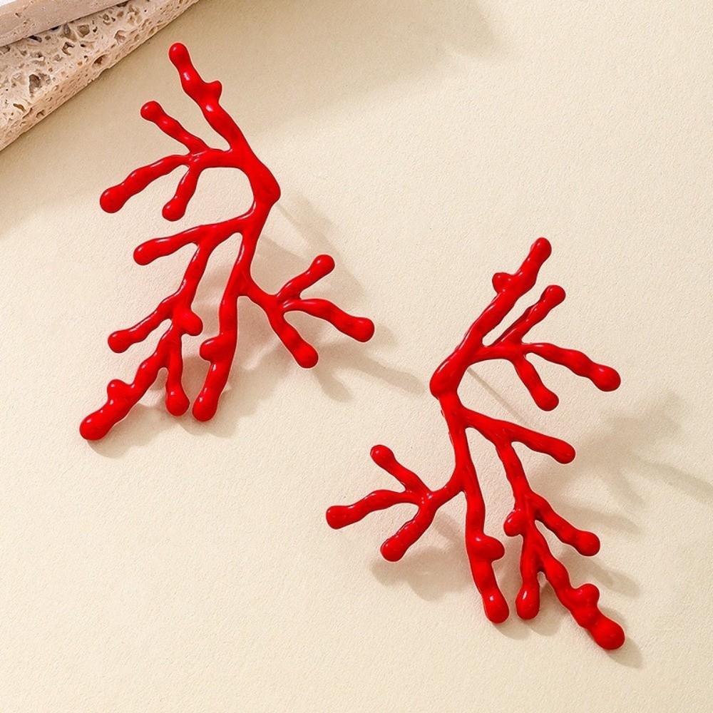 Metal Coral Branch Earrings Hollow Irregular Earrings Fashionable Red Coral Earrings  Party
