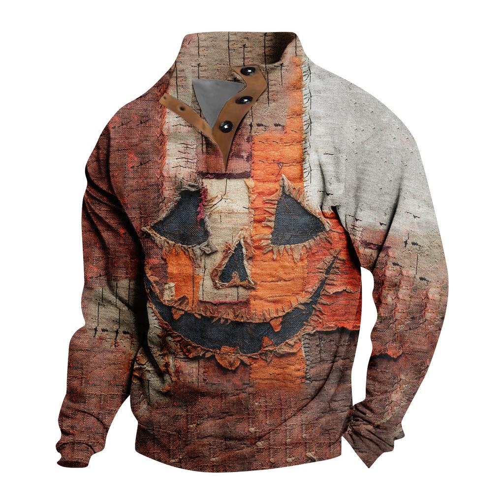Men's Casual Fashion Christmas Printed Hoodless Sweatshirt Wide Men's Loose Button Stand Collar Hooded Sweatshirt