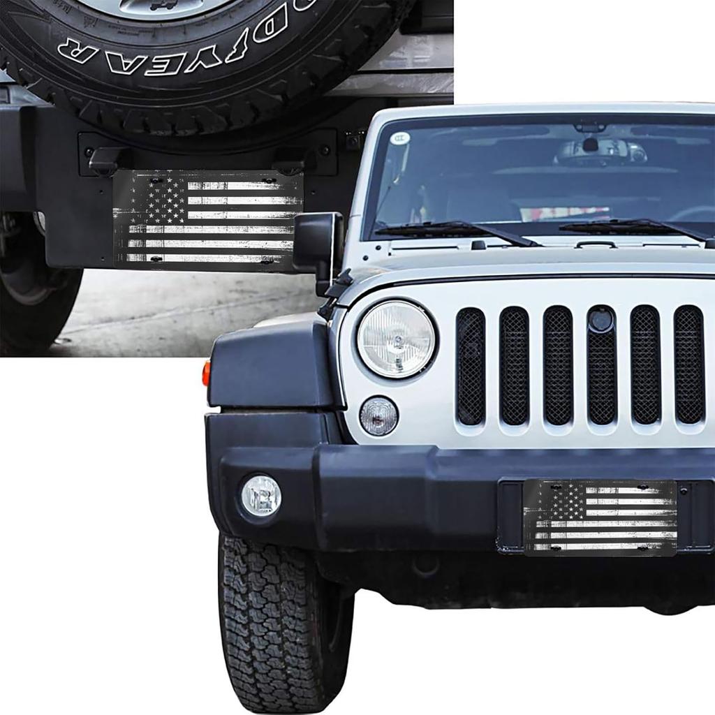 Black And White American Flag Front License Plate For Women Car Vanity Plates Decorative Aluminum Metal Cute Novelty License Plate Cover For Men 6X12