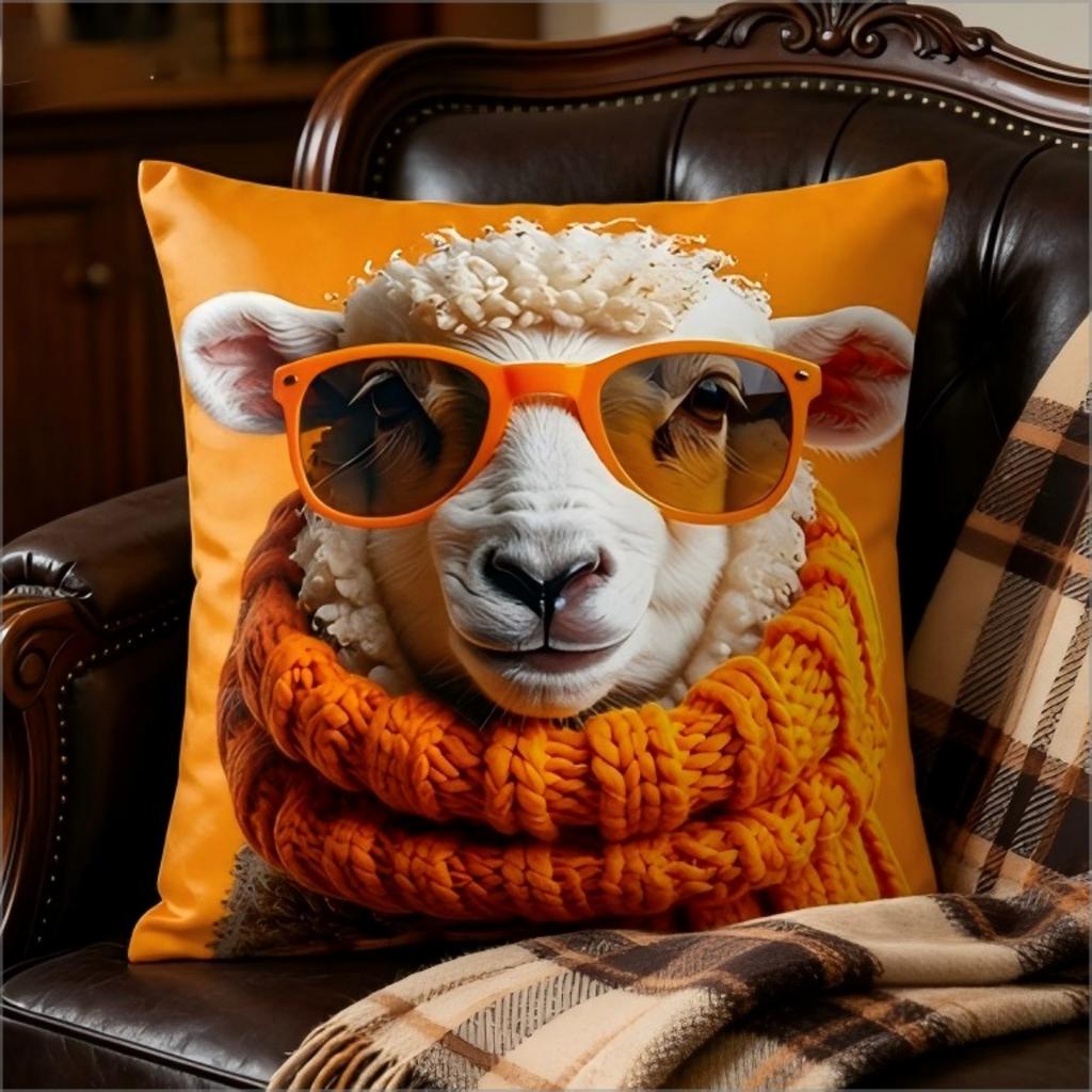 Cool Stylish Sheep Throw Pillow Cover Cute Sheep With Sunglasses And Knit Scarf Print Cushion Case For Funky Home Decor Couch