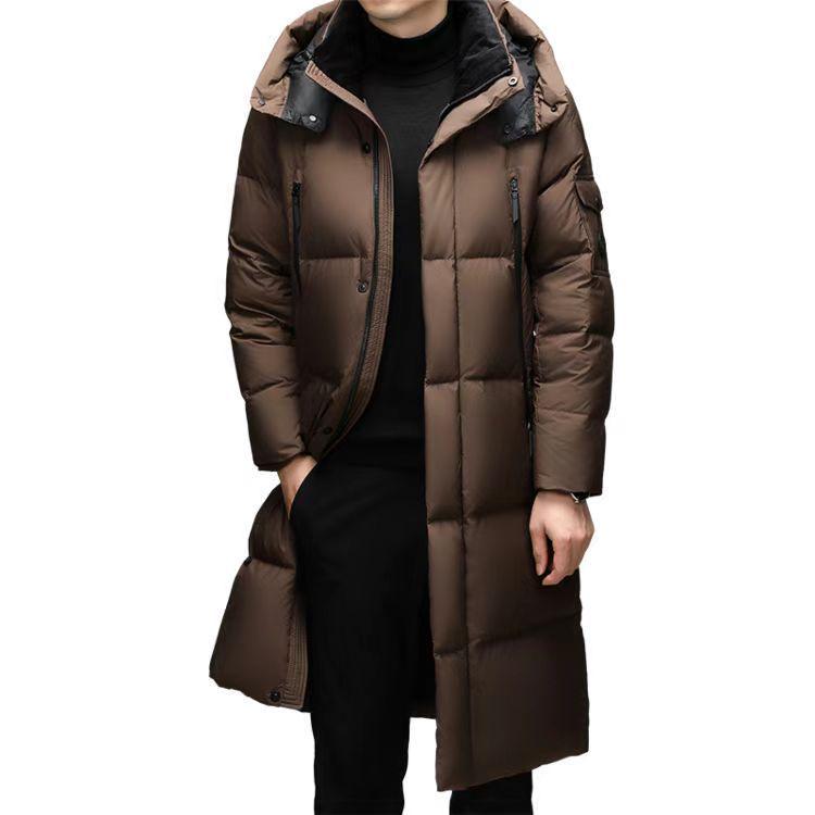 Brand 2025 Men's Winter Hooded Over-the-Knee Long Down Jacket with Fleece Lining