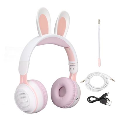 Rabbit Ear Bluetooth 5.0 Headphones Folding Kids Wireless Headset with LED Color Light for PC Tablet Online Learning
