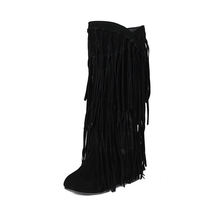 

34-43 Women Winter Mid-Calf Boots Fashion Tassel Suede Women s Long Boots High Quality Casual 3cm Low Heels Party Shoes Female 38