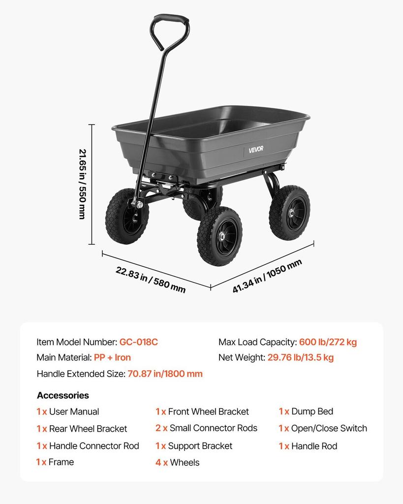 Garden Dump Cart, 272 kg Poly Dump Cart, Garden Carts Dumps Wagon with 90° Quick-Dumps Mechanism, 180° Swivel Wheels, 270° Flexible Rotating Bearings,