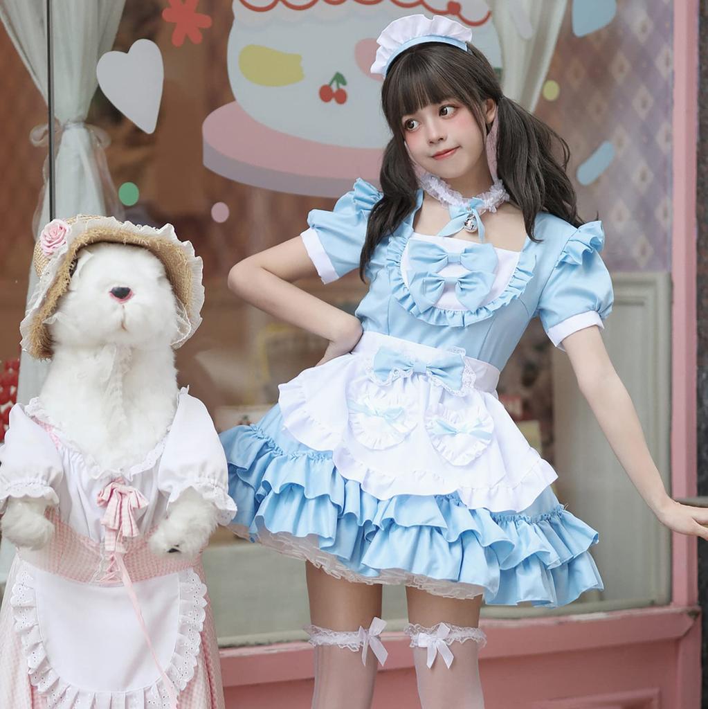 Milky Time Women's Lolita Maid Cosplay Dress, Short Sleeves, Ribbon, 4 Colors (Blue)
