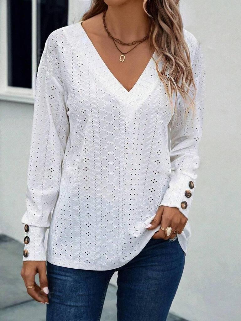 2024 Trendy European & American Women's Hollow V-Neck Drop Shoulder Long Sleeve Button T-Shirt