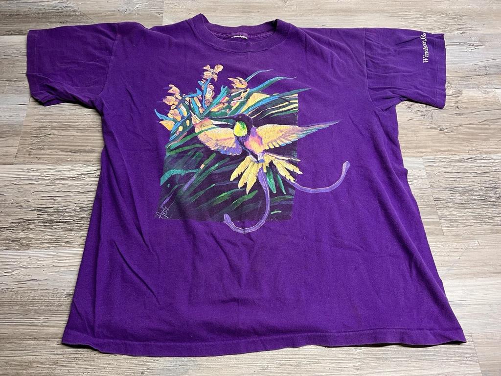 Vintage Hummingbird T-Shirt Single Stitch Floral Art Graphic Tee 90s XL Purple