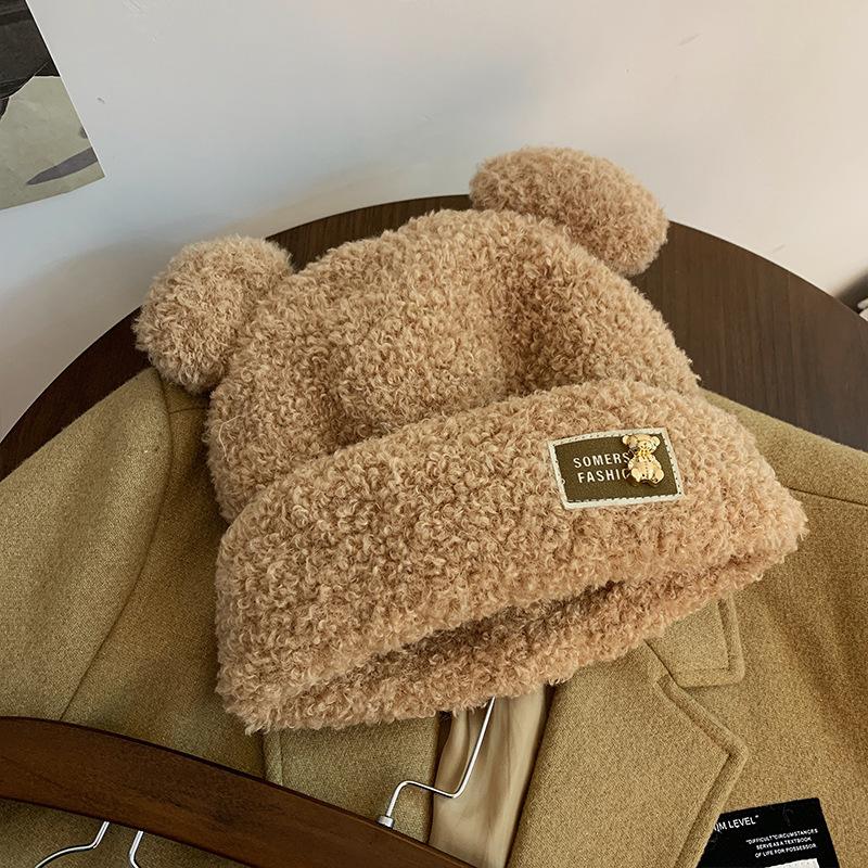 Ears Bear Wool Hat Women's Autumn and Winter Plush Thickened Knitted Hat Korean Version Cute Niche Cold Hat Women's Winter