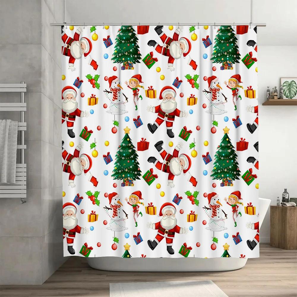 GAEChristmas-themed Shower Curtain with Santa Claus and Festive Decorations for Bathroom Decoration White Background Free Ship