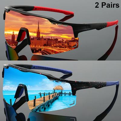 2 Pairs Semi-rimless Sports Goggle Men Mirror Professional Cycling Sunglasses Oversized Windproof Wrapped Round Anti-UV Shades
