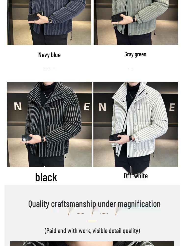 Trendy Brand Men's 2025 Winter White Duck Down Striped Puffer Jacket with Gold Thread and Soft Fur