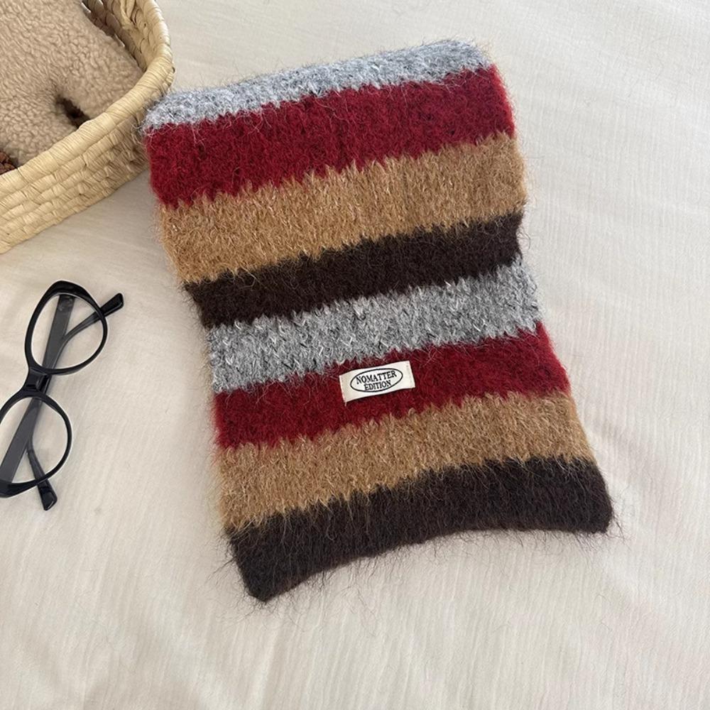 Preppy Style Stripe Scarf Plush Knitted Shawl Simple Plaid Wool Scarf  Girl
