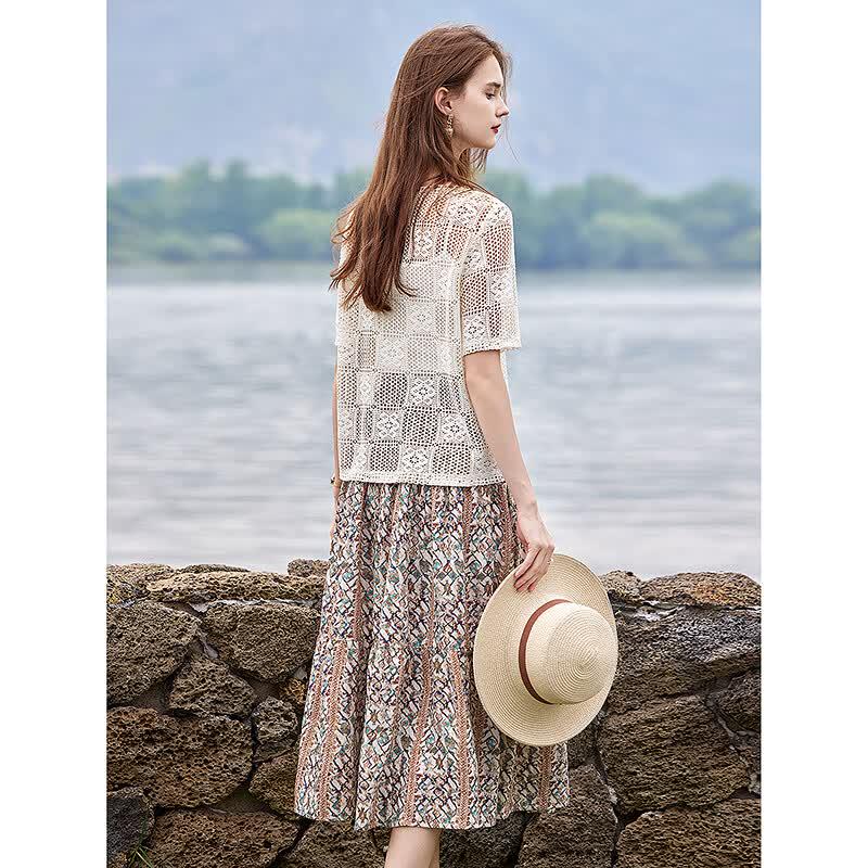 Elegant Summer Knit Top & Floral Skirt Set
