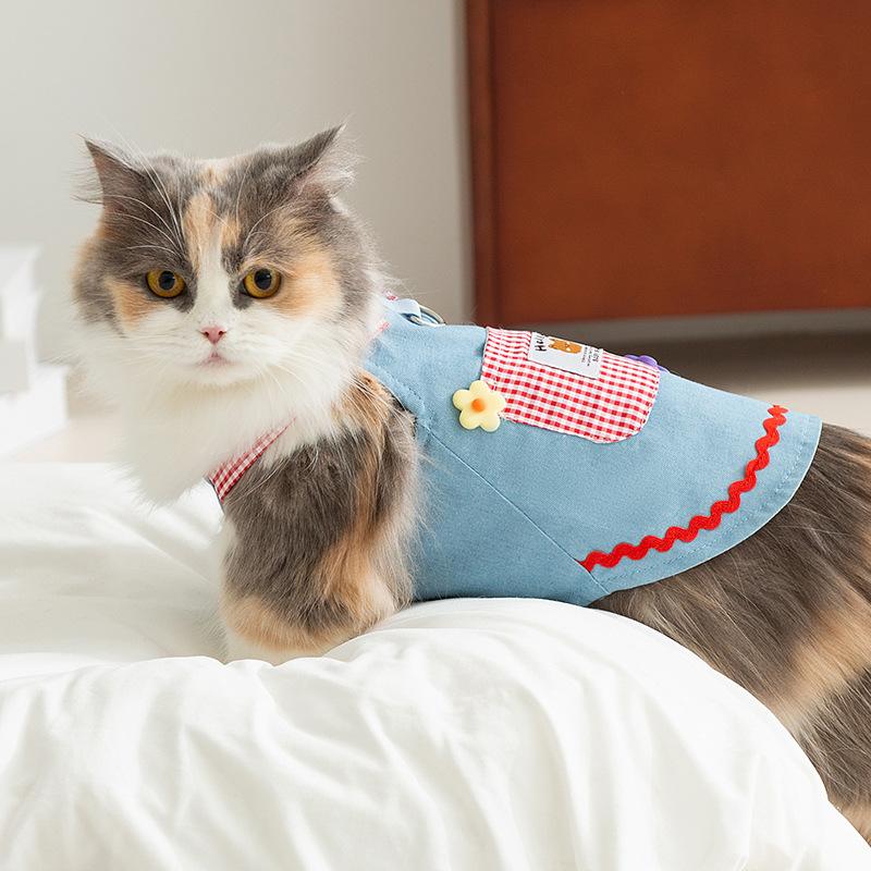 Cat Clothes Spring Thin Plaid Pocket Denim Strap Skirt Blue Cat Kitten Hairless Cat Dog Pet Clothes