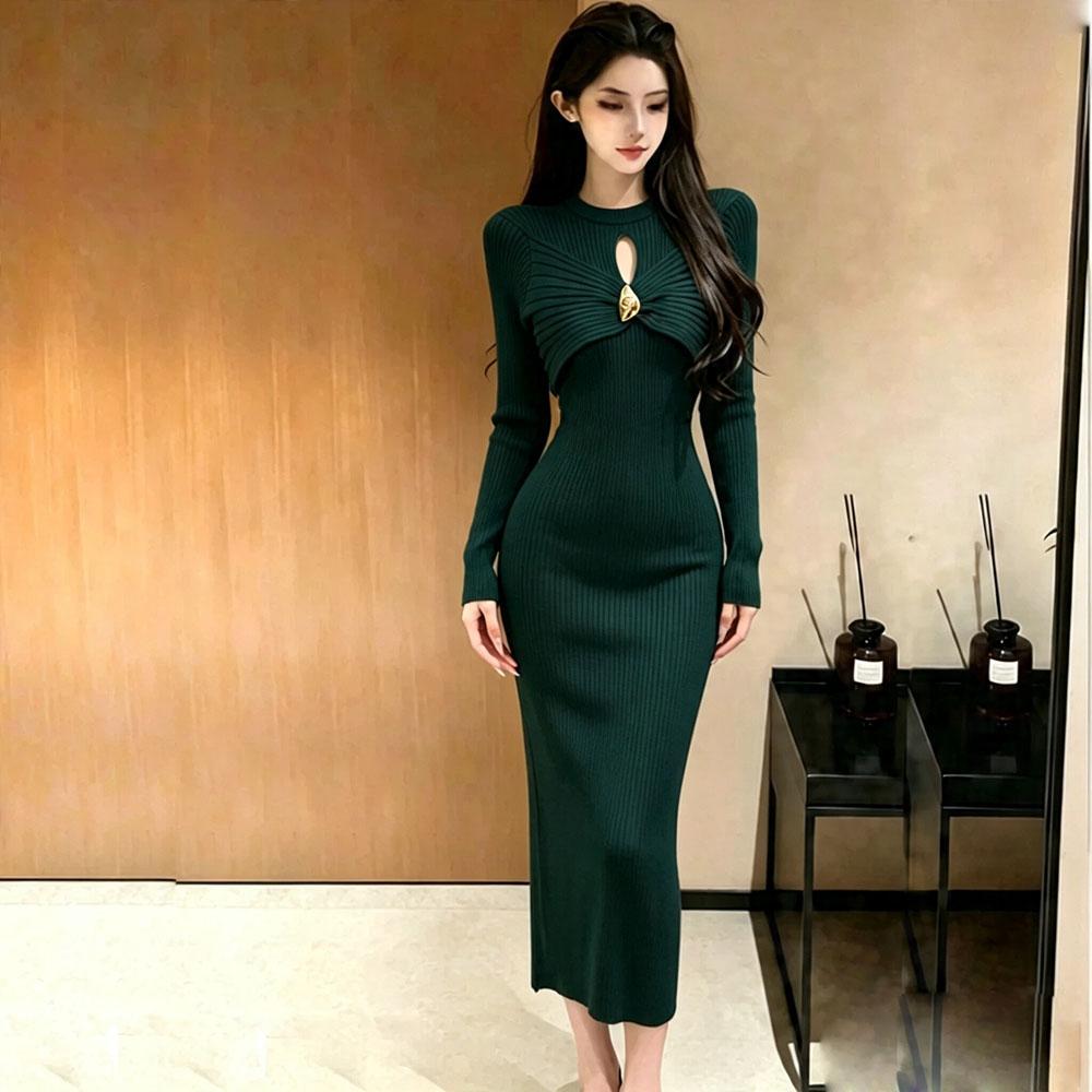 Autumn Winter Round-Neck Folds Cross Slim Sheath Knitted Mid-Length Dress for Women Elegant Solid Splice Long Sleeves Sweater Dress