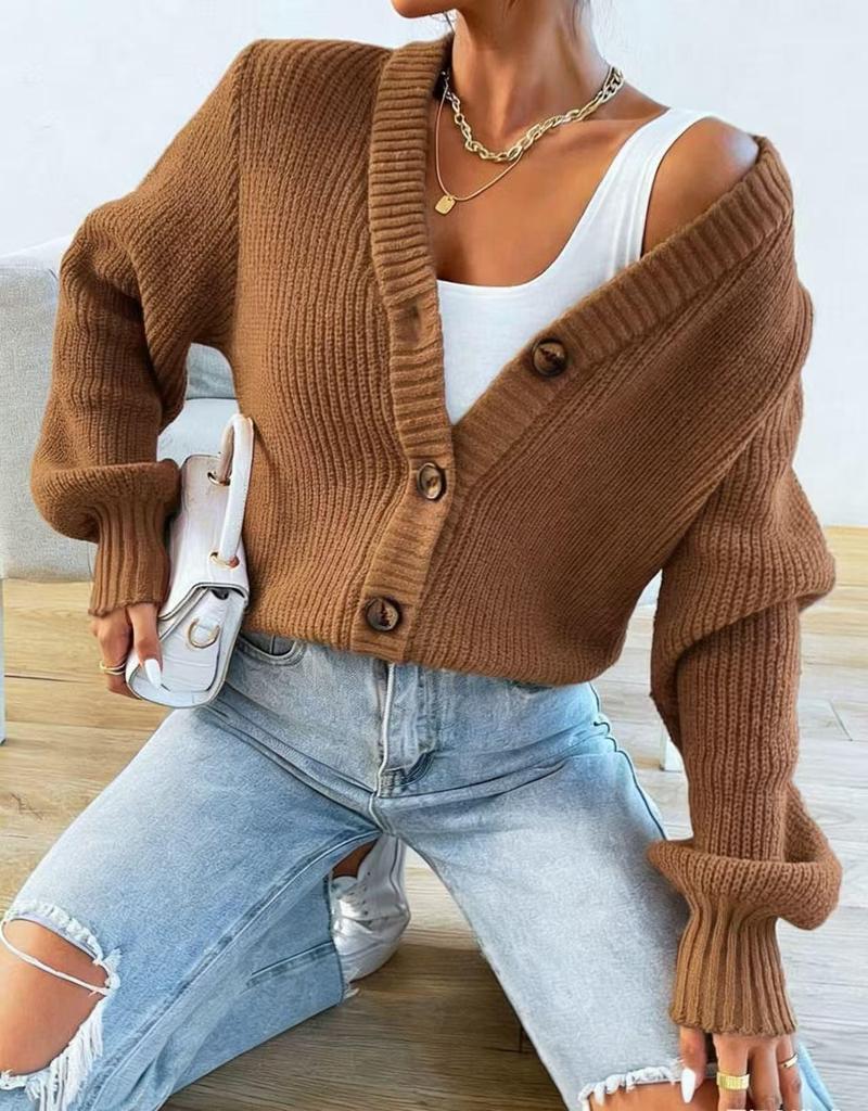 Women's V-Neck Long-Sleeve Knit Cardigan: Solid Color, Trendy, and Versatile Autumn/Winter Outerwear