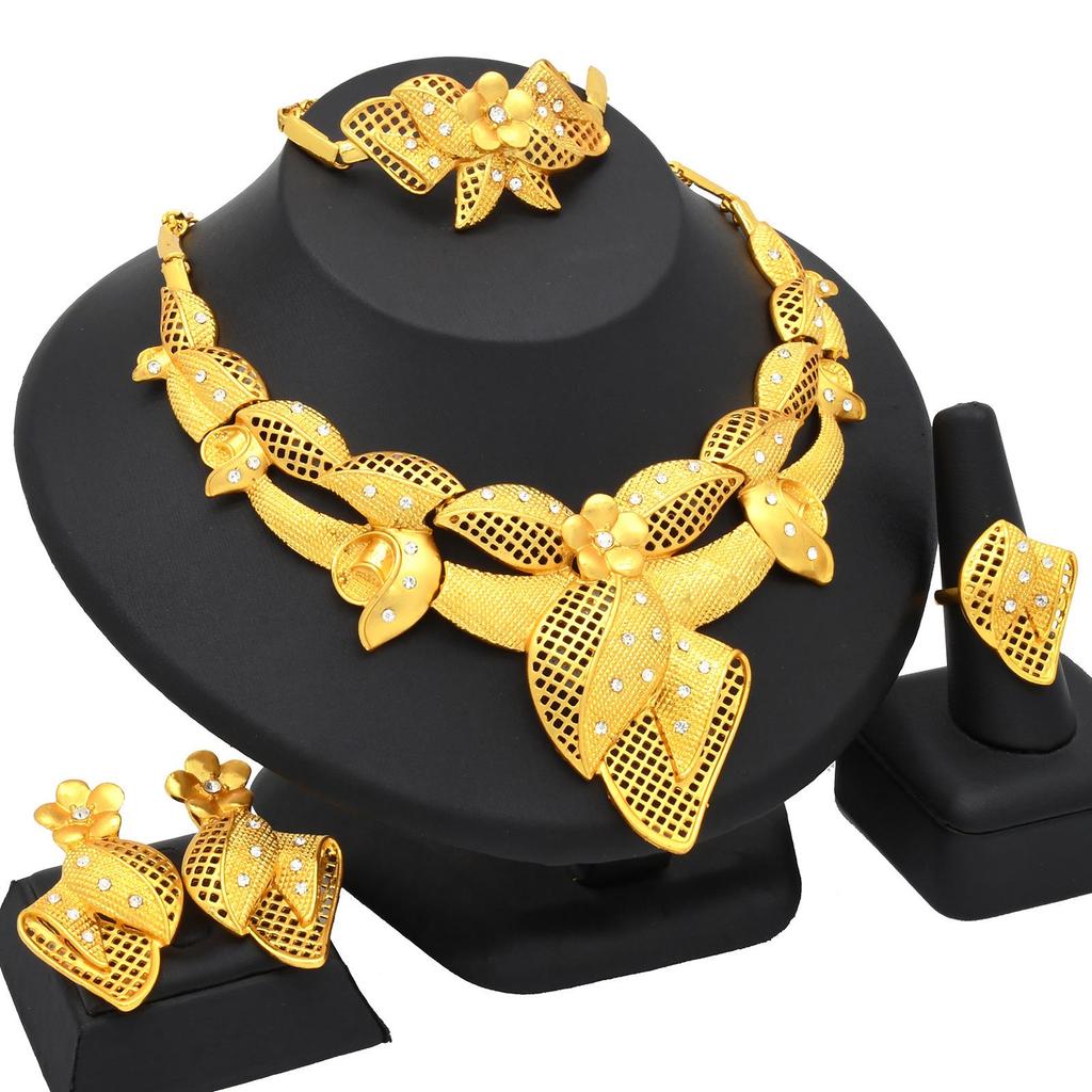 Indian Dubai Sand Gold Jewelry Set: Necklace, Bracelet, Ring & Earrings for Bridal Wedding.