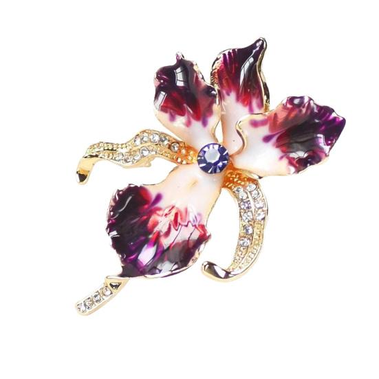 Brooch Pin Three-Dimensional Iris Flower Design Lightweight Alloy Pin with Cubic Zirconia Golden-Plated Edging Suit Coat Dress Scarf Sweater Badge