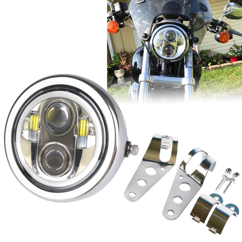Silver 5-3/4" LED Motorcycle Headlight White Halo Ring with Headlight Housing Mount Bracket Compatible