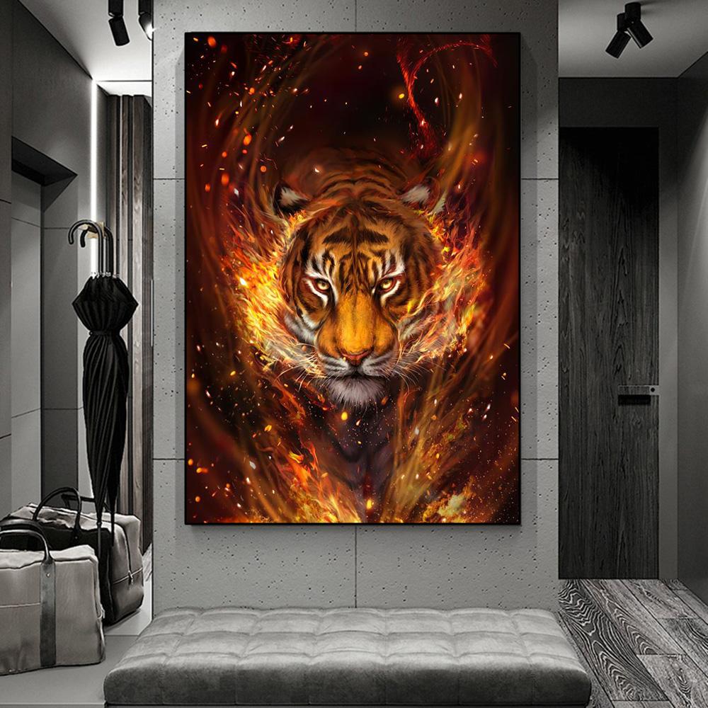 Tiger Fire Posters and Prints Abstract Animal Pictures Wall Art For Living Room Canvas Painting Cuadros Home Decor No Frame