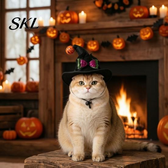 Pet Halloween Hat Cat Wizard Hat, Bent Pointed with Pumpkin Bell, Sequined Bow Festive for Cats Small Dogs Stiff Felt