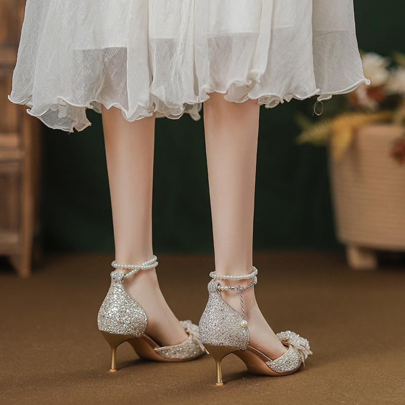 French stiletto beautiful wedding shoes bride shoes can usually be worn with small skirts high heels women pearl rhinestone single shoes women