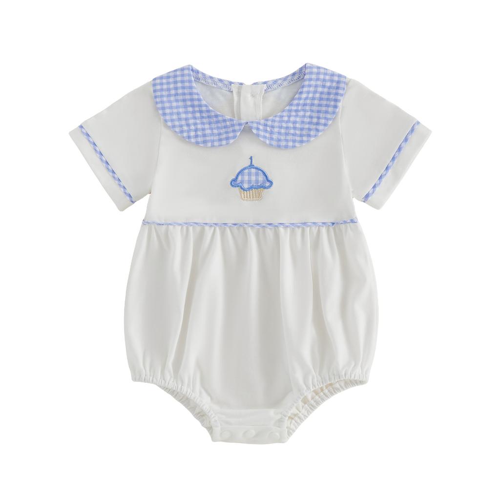 Infant Short Sleeve Jumpsuit with Floral Embroidery and Ruffle Collar for Baby Girls and Boys Summer Romper Outfit