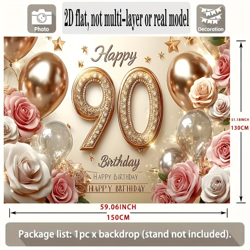 2D Flat 1 90th Birthday Party Polyester Background - Elegant Gold and Pink Balloons Rose Design Birthday Party Decoration