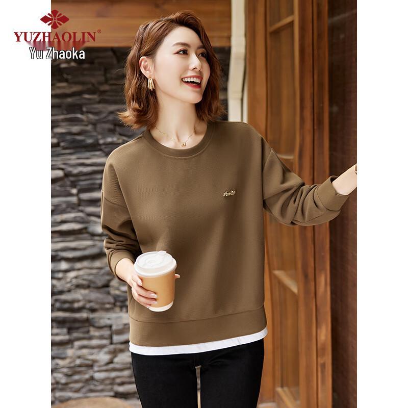 

YUZHAOLIN Mid-Aged Women s Contrast Faux Two-Piece Long Sleeve Sweatshirt L (105-120 catties)