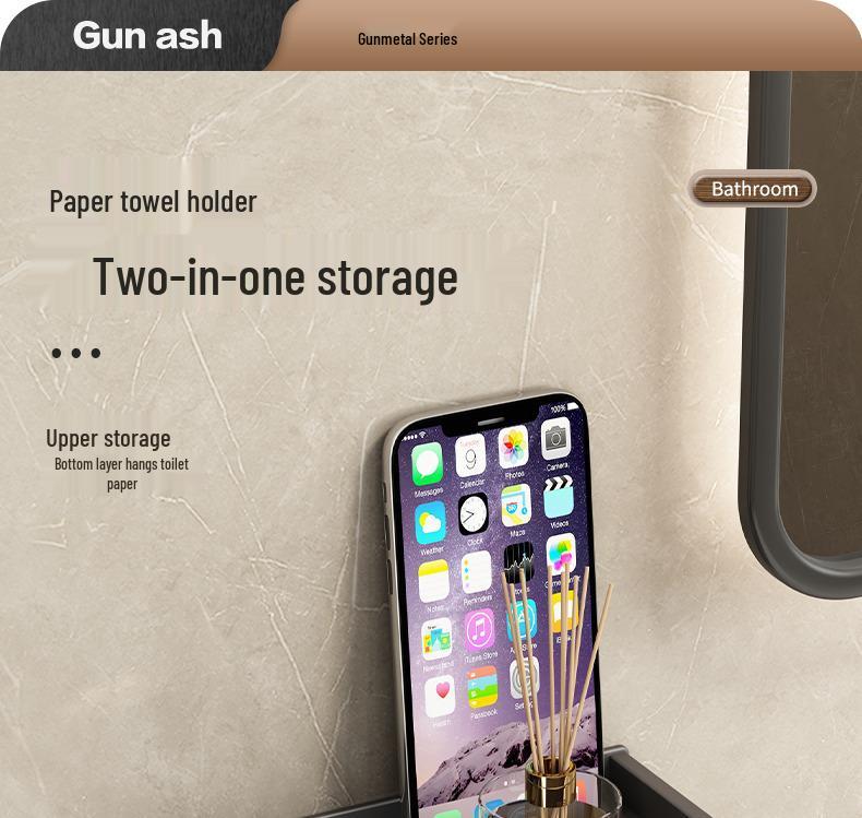 Gun Gray Toilet Tissue Holder & Mobile Phone Shelf | Punch-Free Wall-Mounted Bathroom Organizer