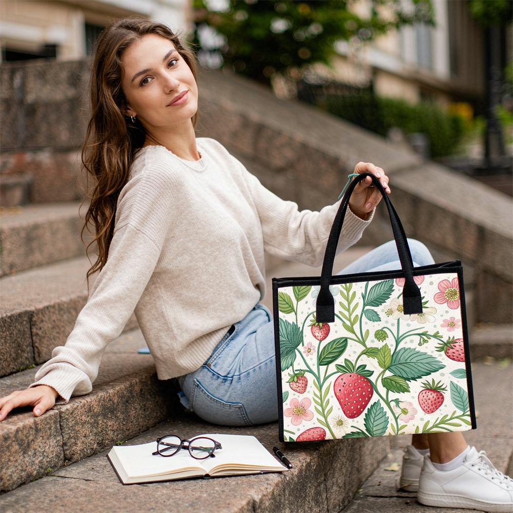 Cute Strawberry Floral Print Tote Bag Casual Large Capacity Shopping Carry Bag for Daily Use