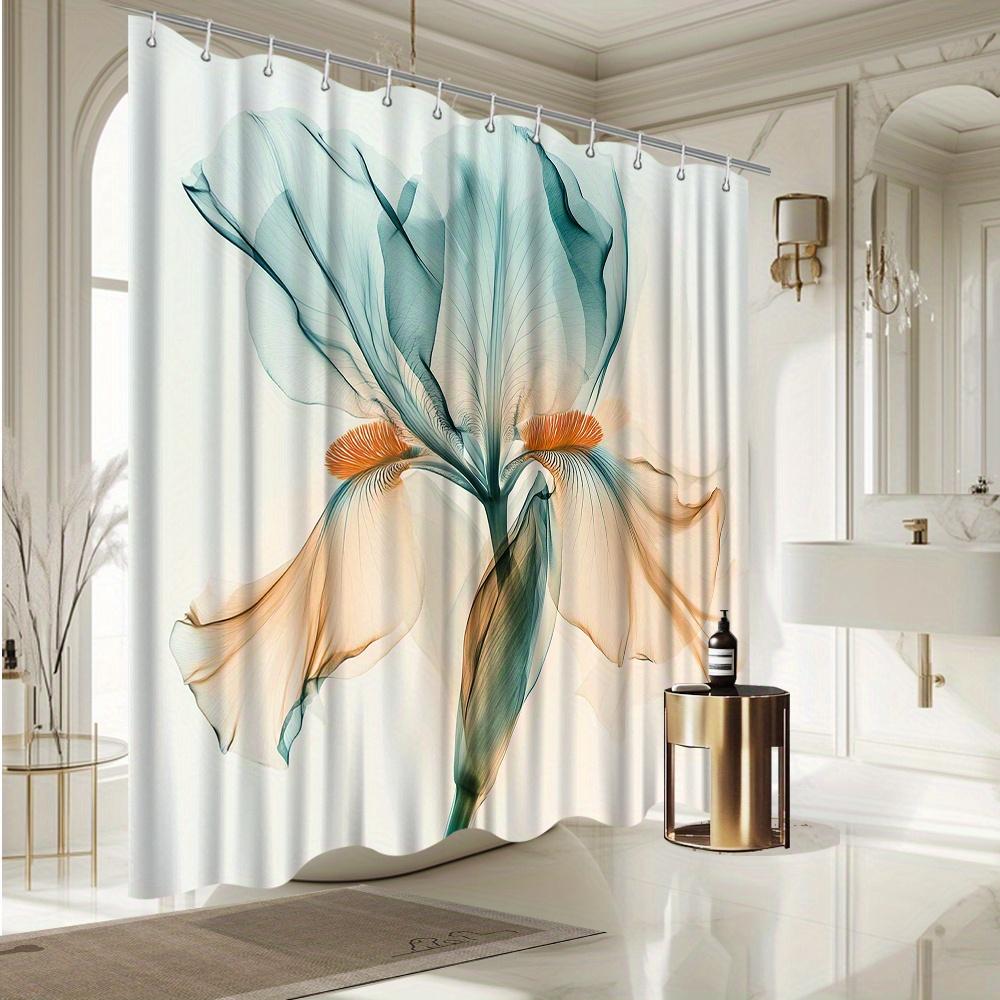 Elegant Iris Flower Shower Curtain, Light Blue & Orange Design, Fade-Resistant Polyester,Bath Decor