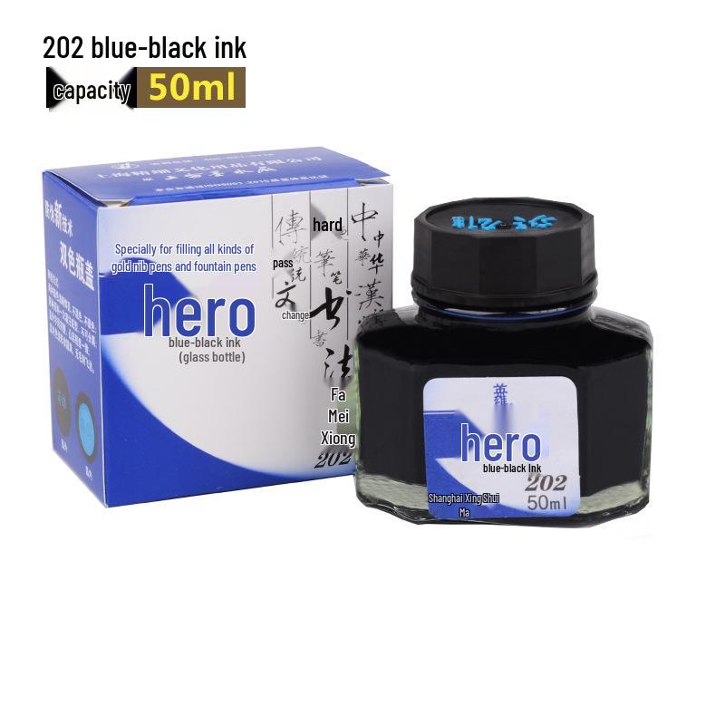 Hero Gold Fountain Pen with Special Non-Clogging, Non-Carbon Ink: Black 234, Red 200, Blue-Black 440.